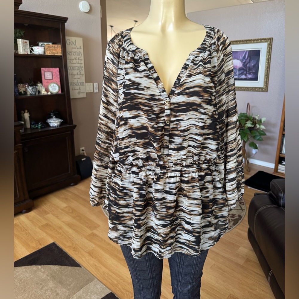Calvin Klein shades of brown & gray long sleeve Vneck blouse-size XL